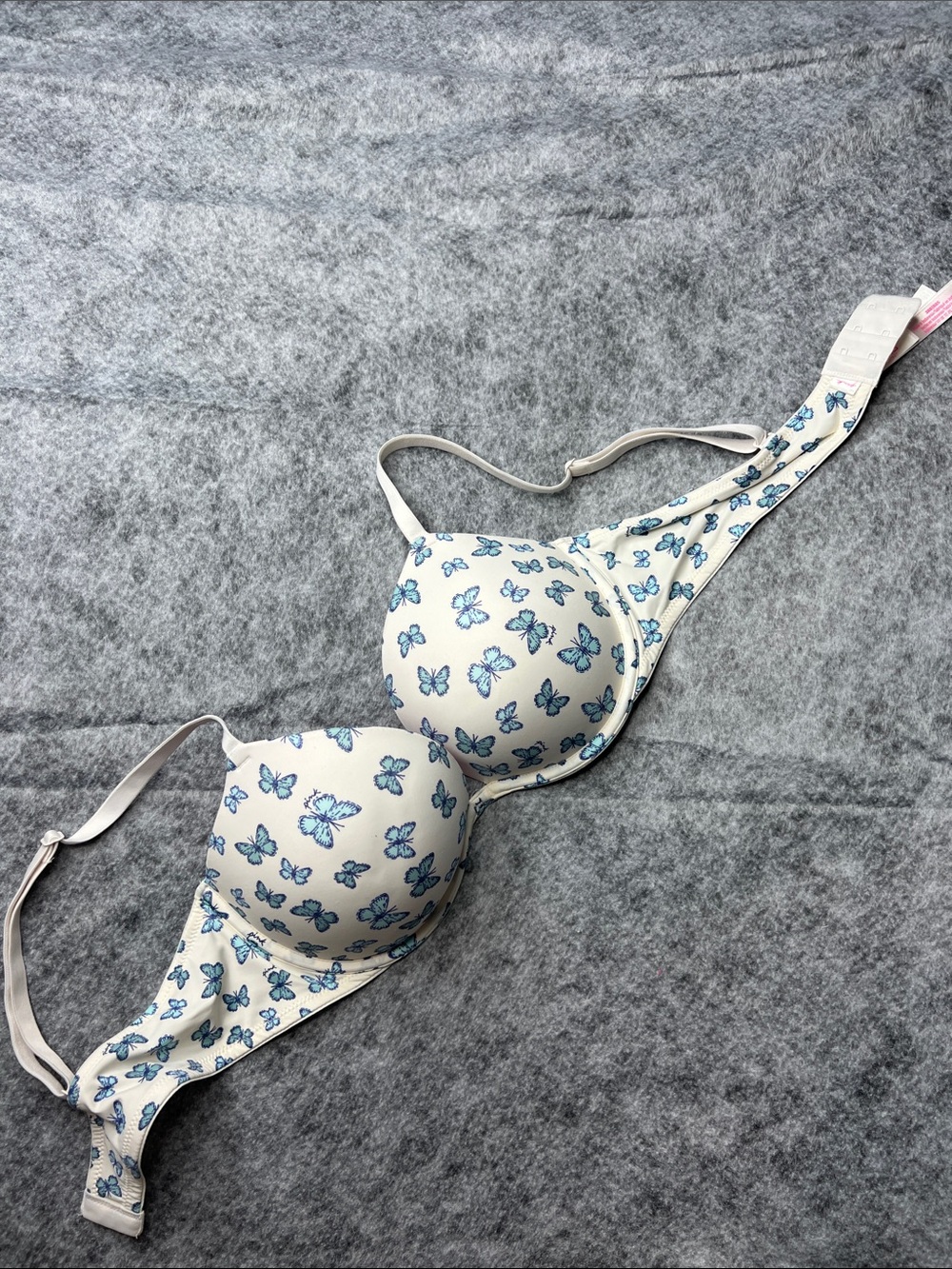 PINK Victoria's Secret White Bra with Blue Butterfly Print